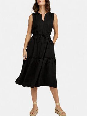 NWT Lands' End Lyocell Tiered Draw String Black Midi Dress L Large